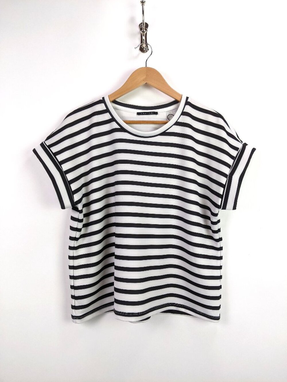 T Tahari Womens Black White Striped Crew Neck Short Sleeve Top
